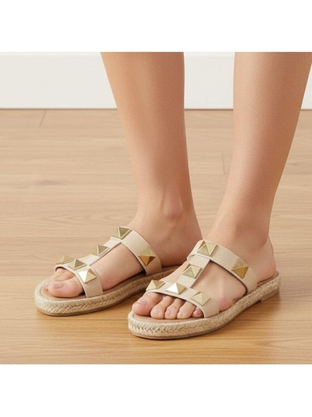 Maypol Flat Leather Sandals Espadrille Beige Cream Gold Studs Sz EU38 Spain Boho